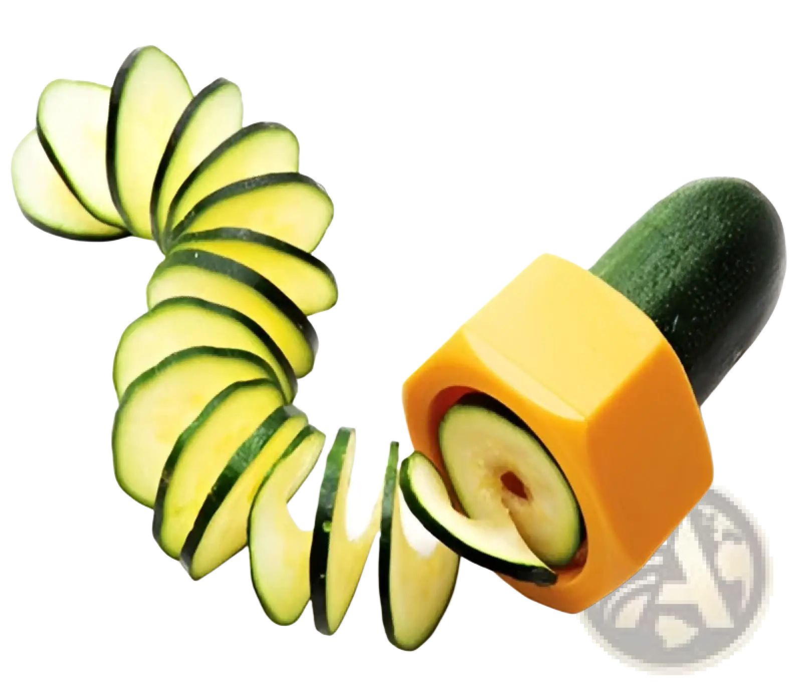 A bright yellow hexagonal vegetable spiralizer slicing a green cucumber into thin uniform rings manual cutter