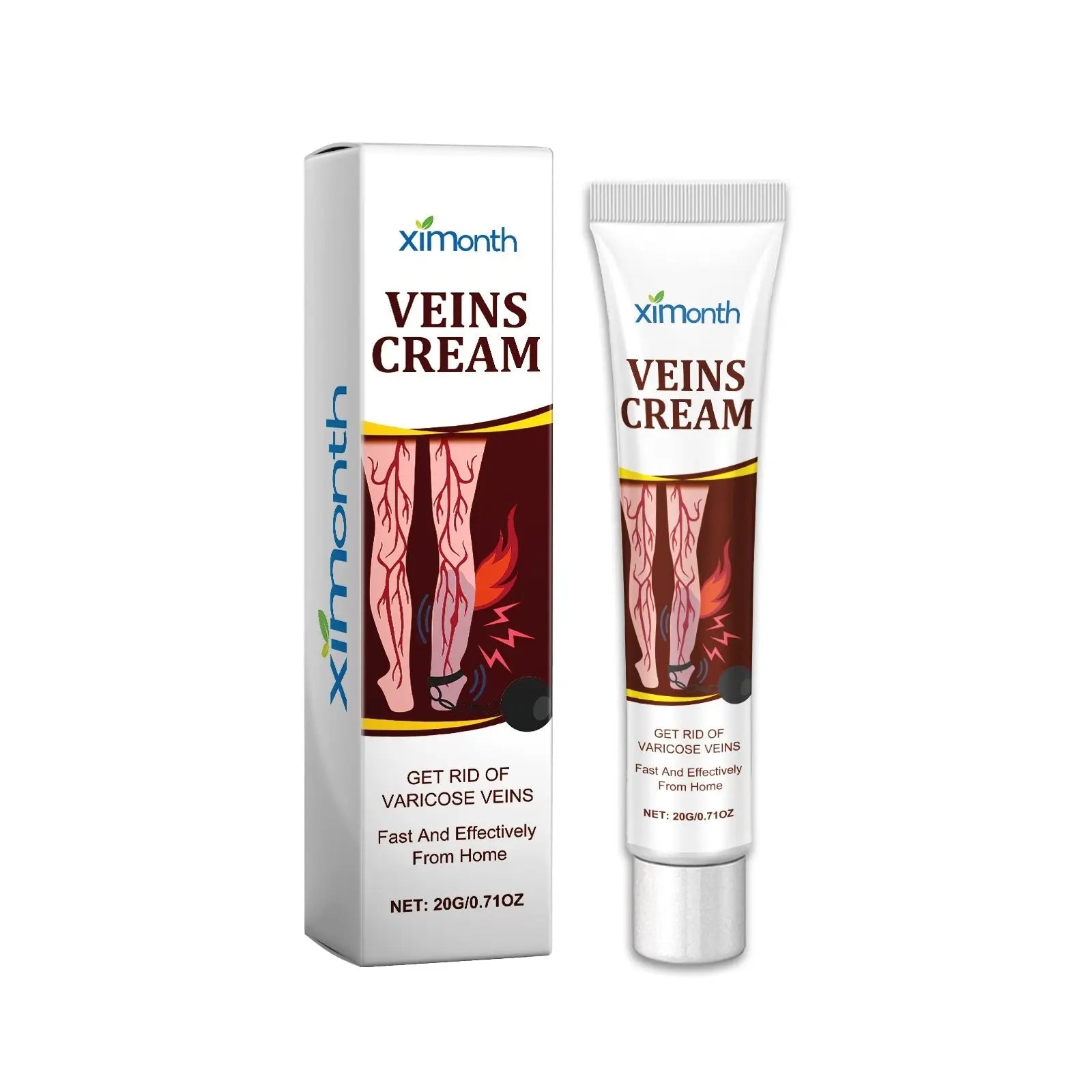 Ximonth veins cream arnica and vitamin e relief gel in a white tube with brown and yellow labeling and matching box