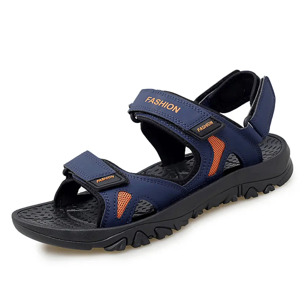 Men’s breathable athletic velcro beach sandals in navy blue and orange with adjustable straps and textured rubber sole
