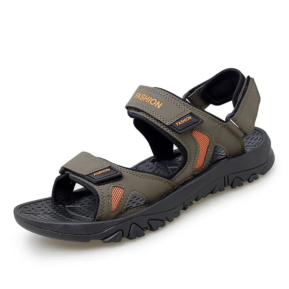 Men’s breathable athletic Velcro beach sandals with olive green and orange straps and black rubber soles