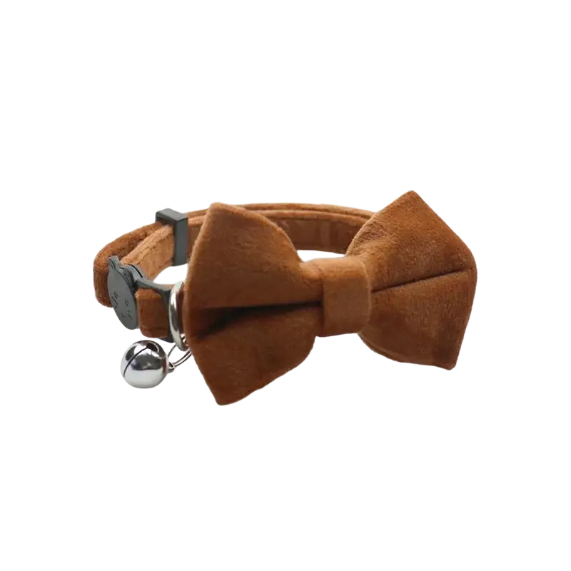 Brown velvet bow cat collar with silver bell and black plastic buckle shown from the back side in 3 pack set