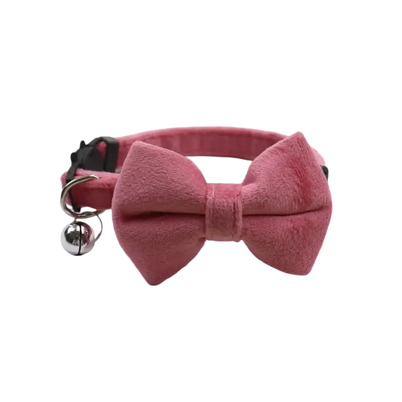 Pink velvet bow cat collar with silver bell highlighting soft material and stylish design for pet accessories