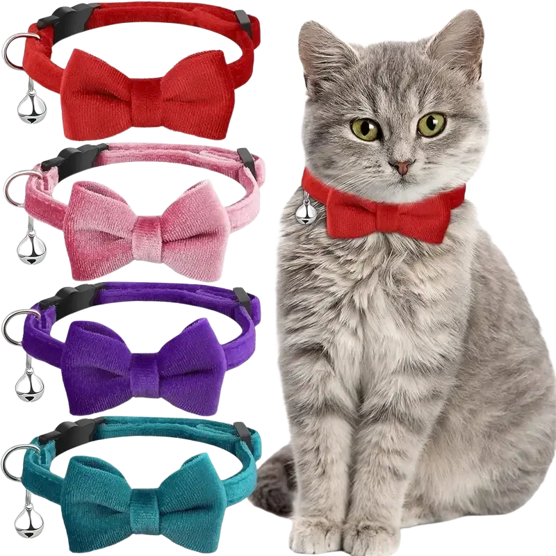 Red velvet bow cat collar with silver bell showcasing soft velvet material and festive design for cats in 3 pack