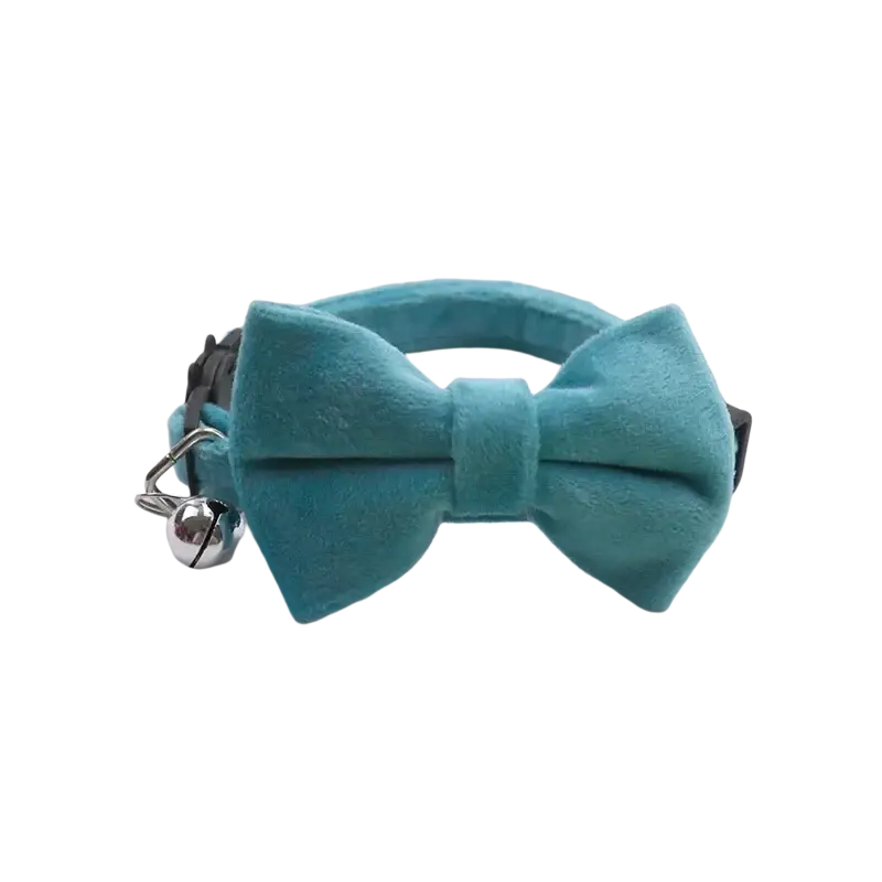 Teal velvet bow cat collar with silver bell in a 3 pack featuring soft material and elegant design