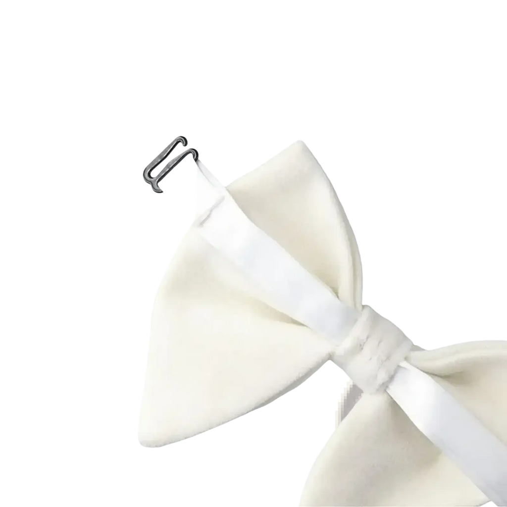 Cream-colored satin velvet bow tie with adjustable strap and silver-toned clasp for formal neckwear gift