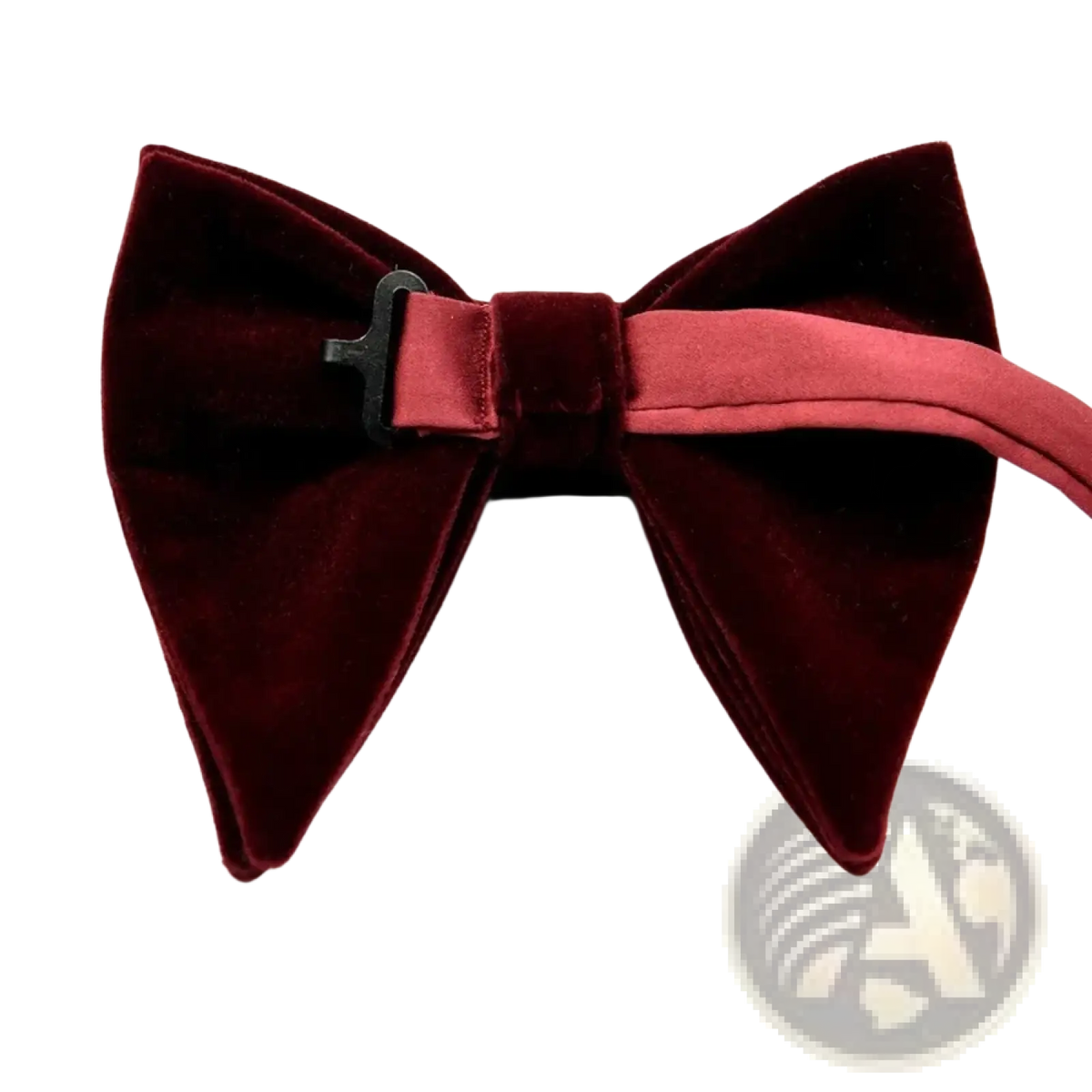 A rich burgundy velvet bow tie with matching satin band and black plastic clasp for formal neckwear gift