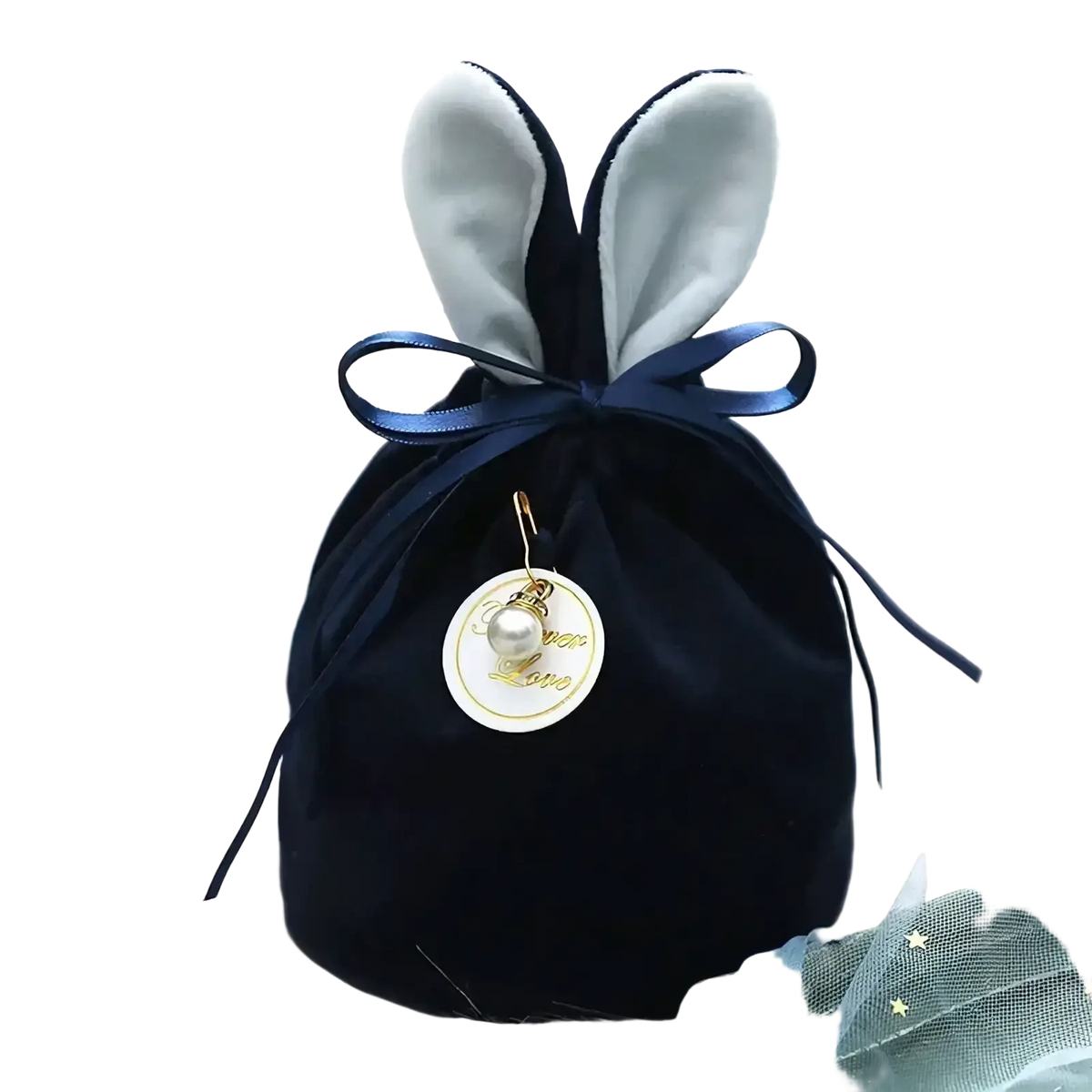 Dark blue velvet easter candy bag with white-lined bunny ears, navy satin bow, and pearl charm pendant for you love