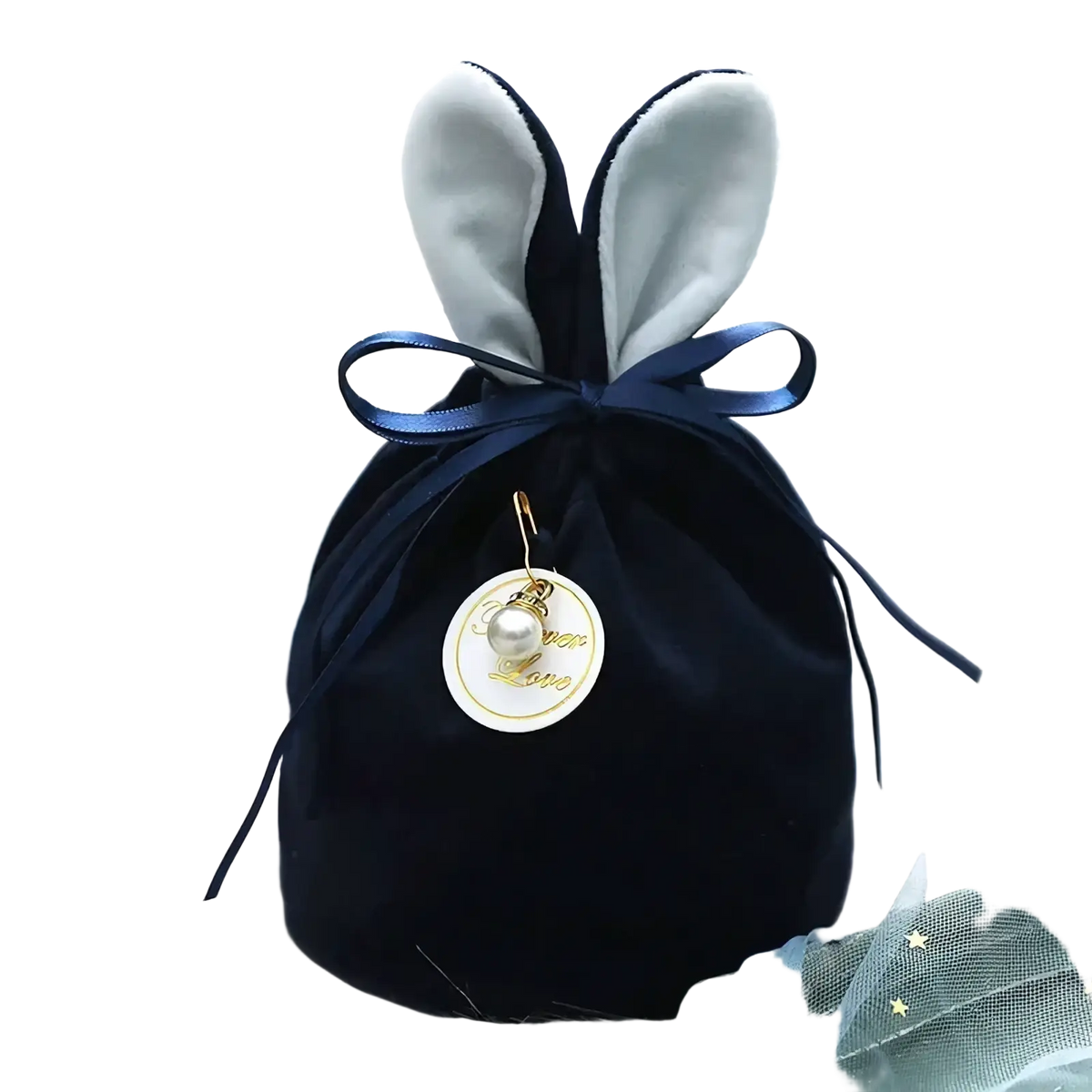 Dark blue velvet bunny ears gift pouch with white lining navy satin bow and gold circular charm for easter candy packaging