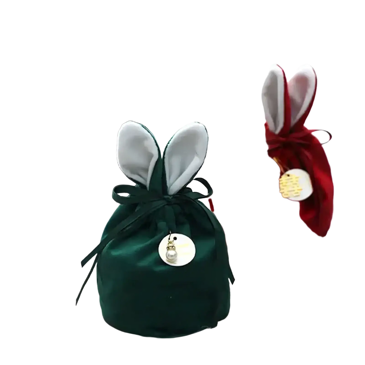 Dark green velvet bunny easter candy bag with white-lined ears and pearl-adorned circular tag for gift packaging