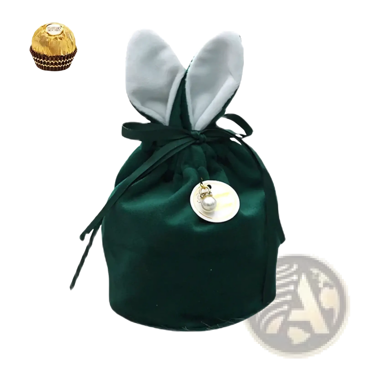Dark green velvet bunny Easter candy bag with white-lined ears and pearl-adorned circular charm gift packaging