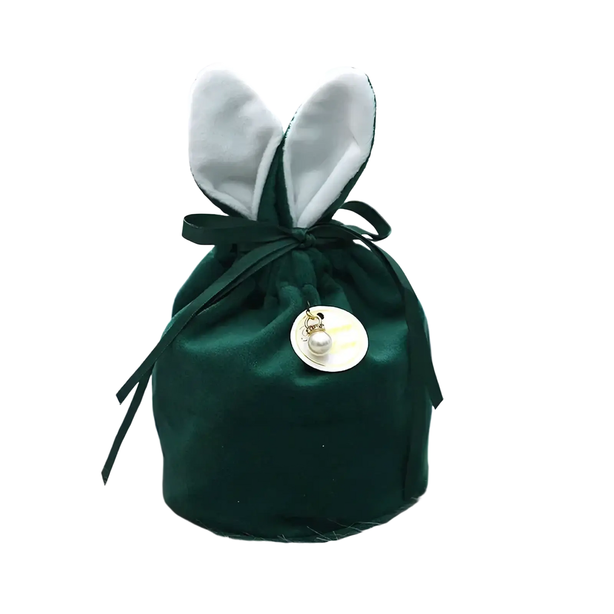 Deep green velvet bunny Easter candy bag with soft white ears and pearl charm drawstring gift packaging