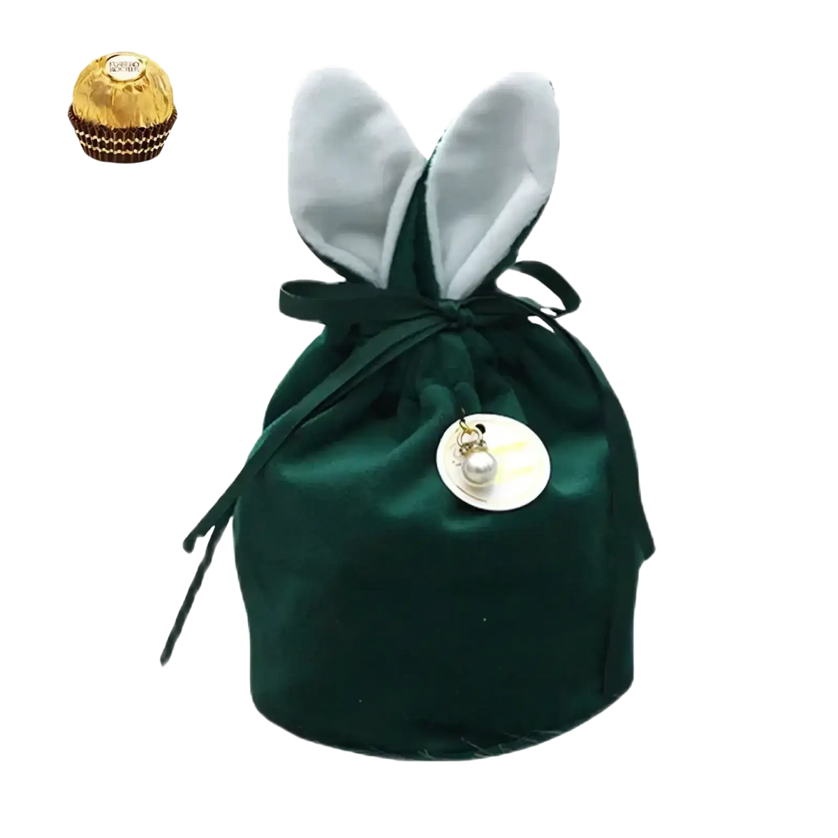 Emerald green velvet bunny easter candy bag with white satin ears and pearl-adorned charm for gift packaging
