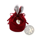Red velvet bunny-shaped gift pouch with white inner ears tied with matching ribbon and forever love pearl charm