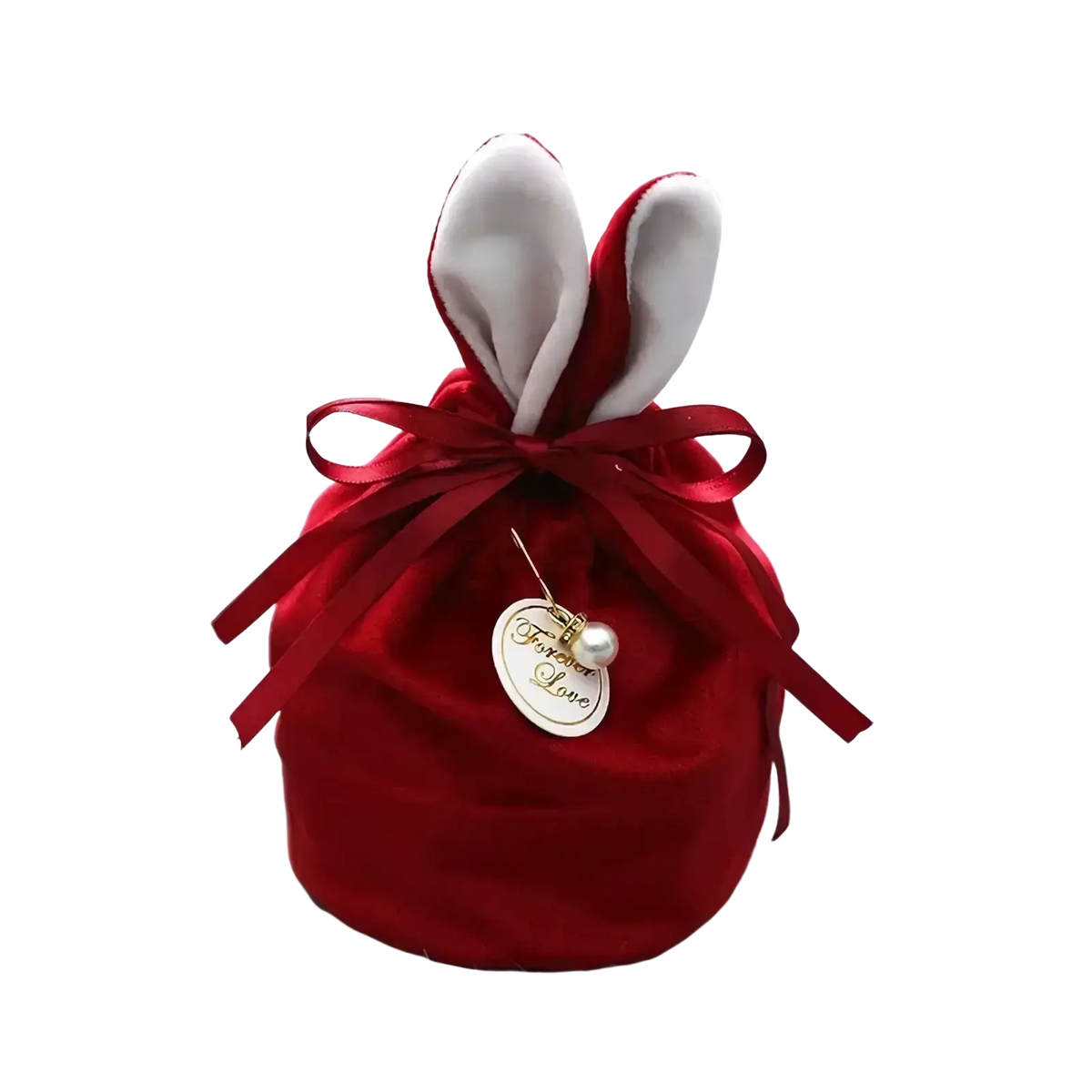 Red velvet bunny-shaped easter candy bag with white inner ears and forever love pearl charm gift packaging