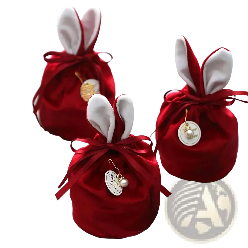 Red velvet bunny-shaped gift bags with white fabric ears and matching ribbons tied in bows for easter candy packaging