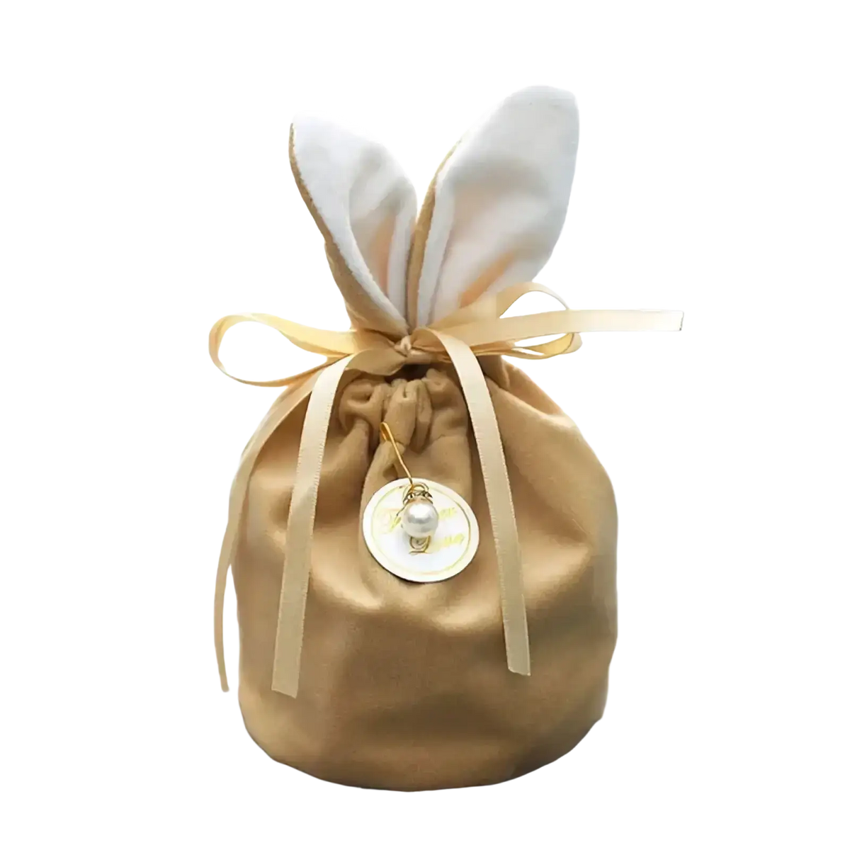 A soft beige satin easter candy bag with white fabric bunny ears gold ribbon bow and pearl pendant tag