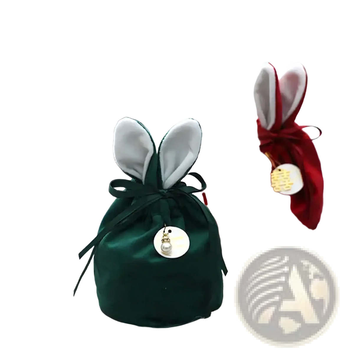 Velvet bunny easter candy bags in navy, emerald green, and red velvet with satin ribbon bows and pearl charms
