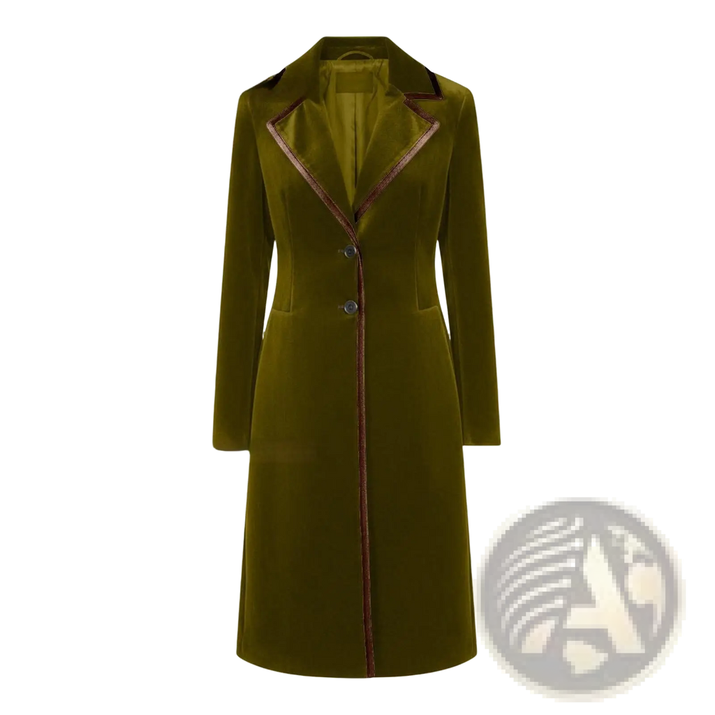 Olive green velvet coat with brown leather trim along collar placket and front seam for women