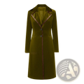Olive green velvet coat with brown leather trim along collar placket and front seam for women