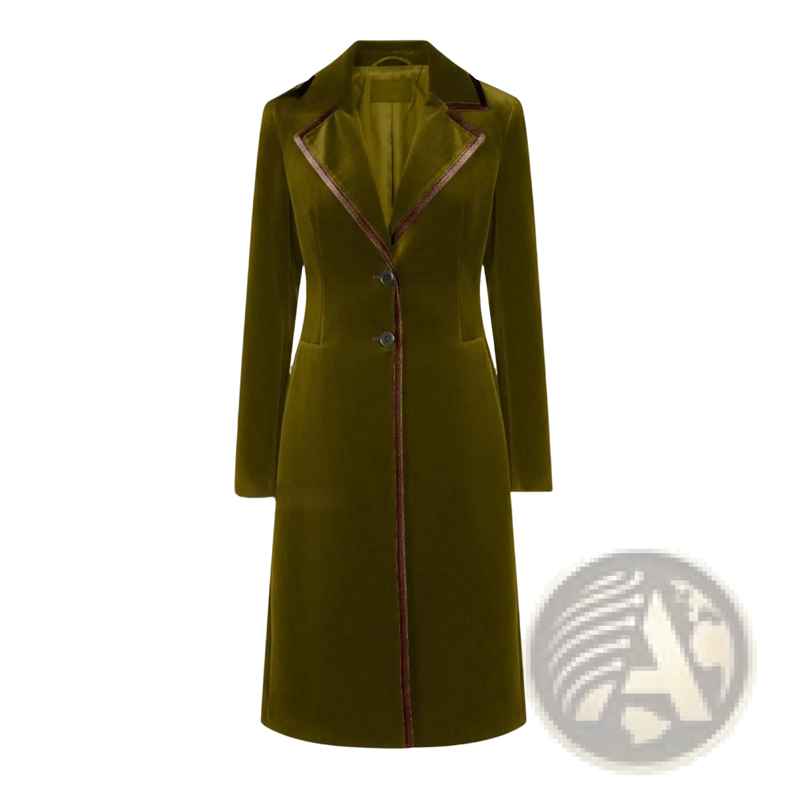 Olive green velvet coat with brown leather trim along collar placket and front seam for women