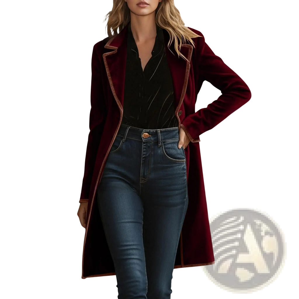 A rich burgundy velvet coat with tan leather trim for women shown from the back side