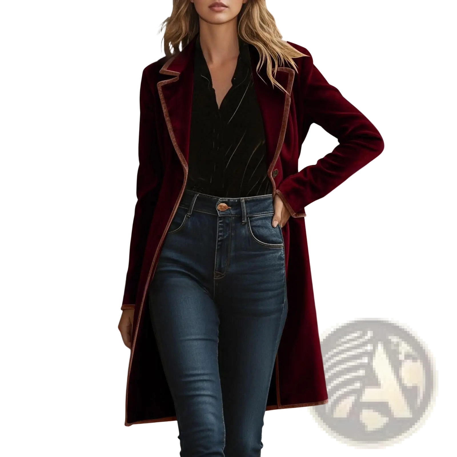 A rich burgundy velvet coat with tan leather trim for women shown from the back side