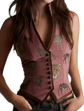 Velvet corset vest retro slim fit crop top in pink leopard print with brown button closures and trim