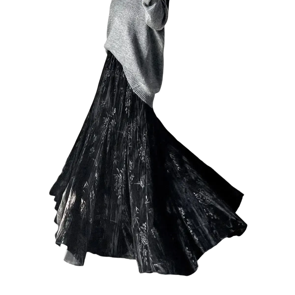 Black lace velvet high waist midi skirt with flowing layered design and subtle floral embroidery