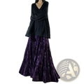 A deep purple velvet high waist pleated a-line midi skirt featuring an intricate floral pattern