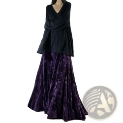 A deep purple velvet high waist pleated a-line midi skirt featuring an intricate floral pattern
