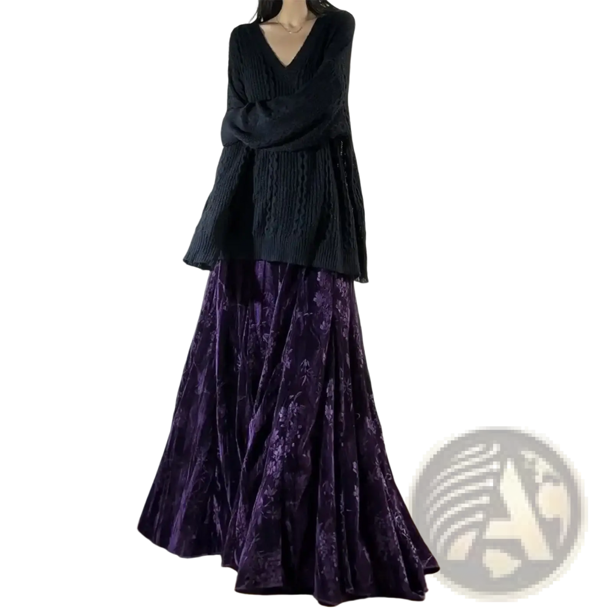 A deep purple velvet high waist pleated a-line midi skirt featuring an intricate floral pattern
