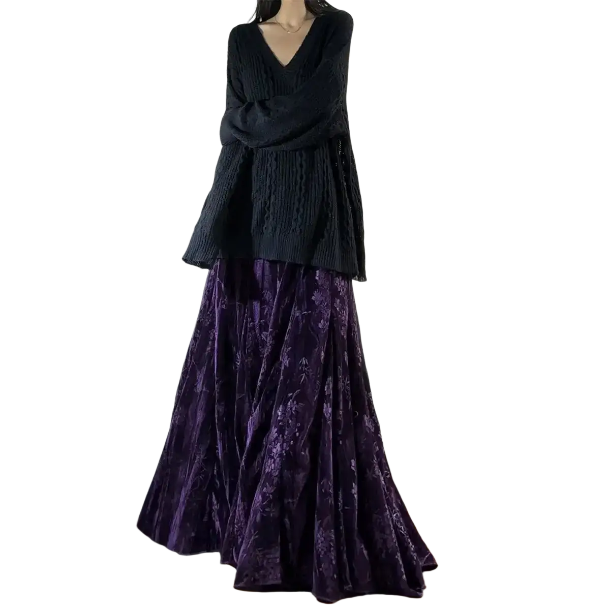 A deep purple velvet high waist pleated a-line midi skirt featuring an intricate floral pattern