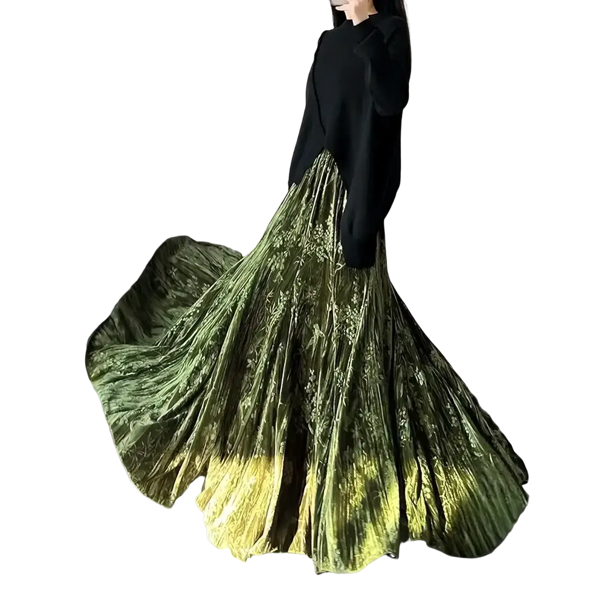 Emerald green velvet high waist midi skirt with pleated a-line design and gold gradient floral embroidery hem