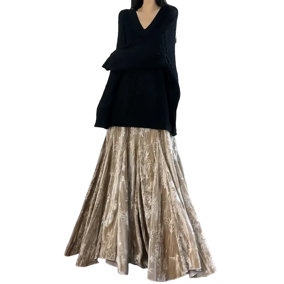 Velvet high waist pleated a-line midi skirt in gold tone with flowing fabric and intricate embroidered pattern