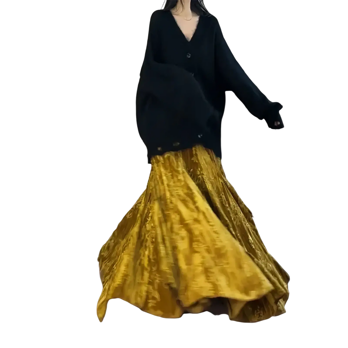 A flowing golden-yellow velvet high waist pleated A-line midi skirt with textured design
