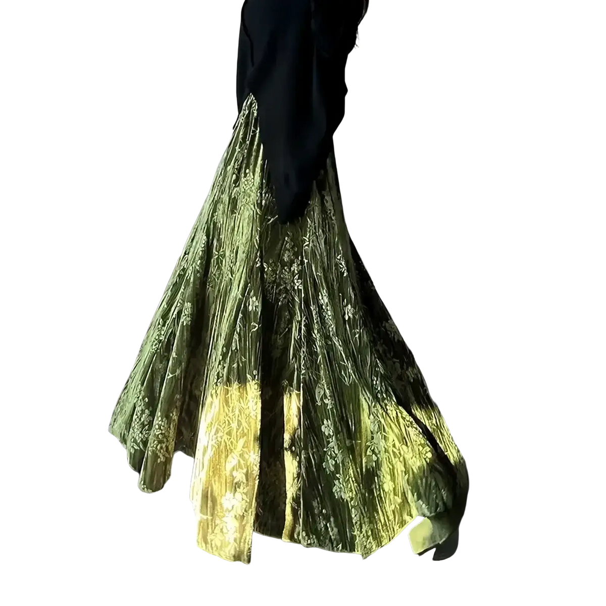 A flowing gradient green and gold embroidered velvet high waist pleated a-line midi skirt with a high-waisted design
