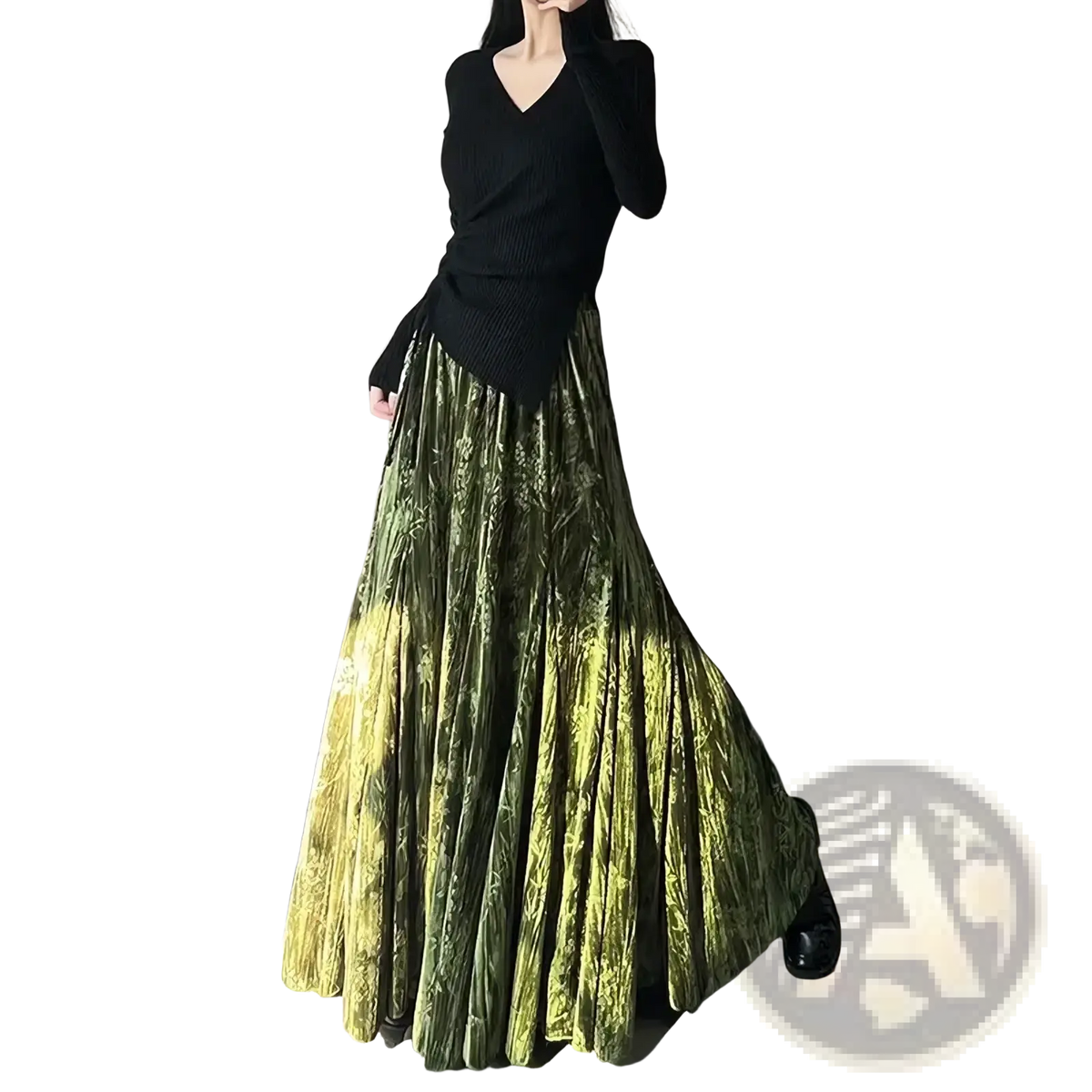 Velvet high waist pleated a-line midi skirt with flowing velvet fabric and gradient floral pattern from green to yellow