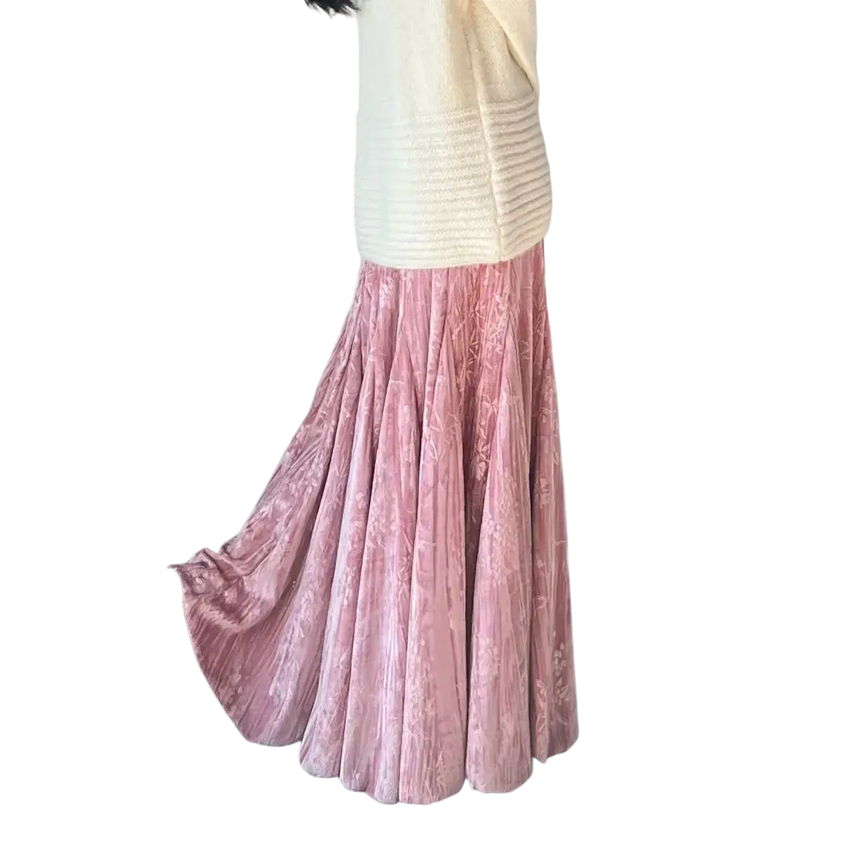 Velvet high waist pleated a-line midi skirt in flowing pink with a subtle floral pattern and soft velvet texture