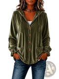 Olive green velvet hooded button coat with elastic cuffs and front pockets for stylish outerwear use