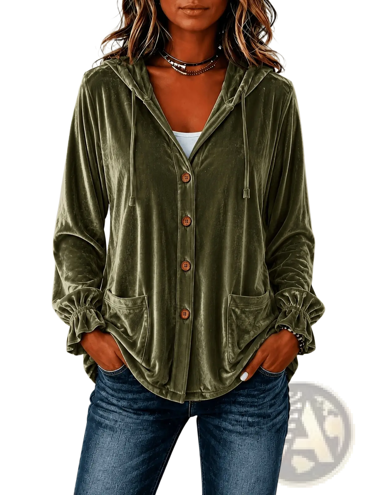Olive green velvet hooded button coat with elastic cuffs and front pockets for stylish outerwear use