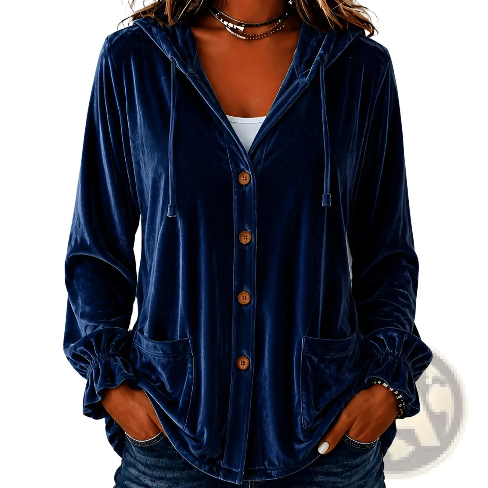 Deep navy blue velvet hooded button coat with wooden buttons and ruched cuffs for elegant outerwear