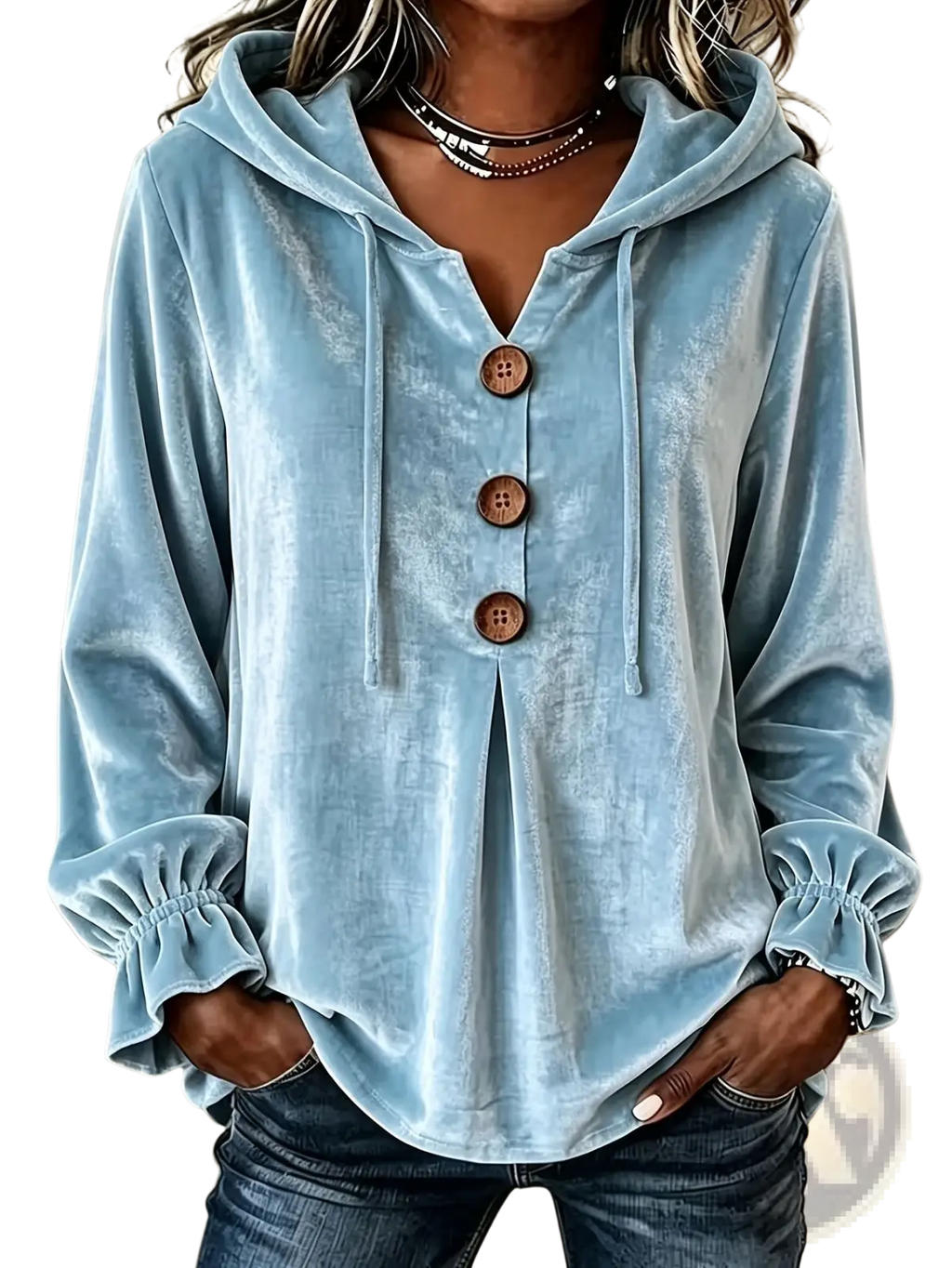 Light blue velvet hoodie with wooden buttons and ruffled cuffs showcasing elegant texture and unique detailing