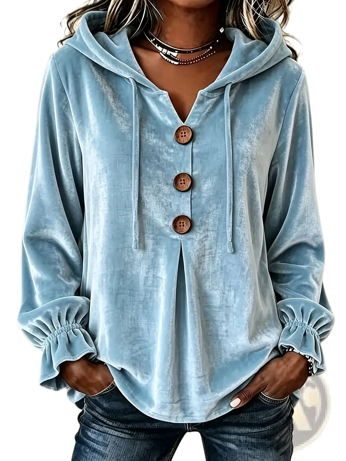 Light blue velvet hoodie with wooden buttons and ruffled cuffs showcasing elegant texture and unique detailing