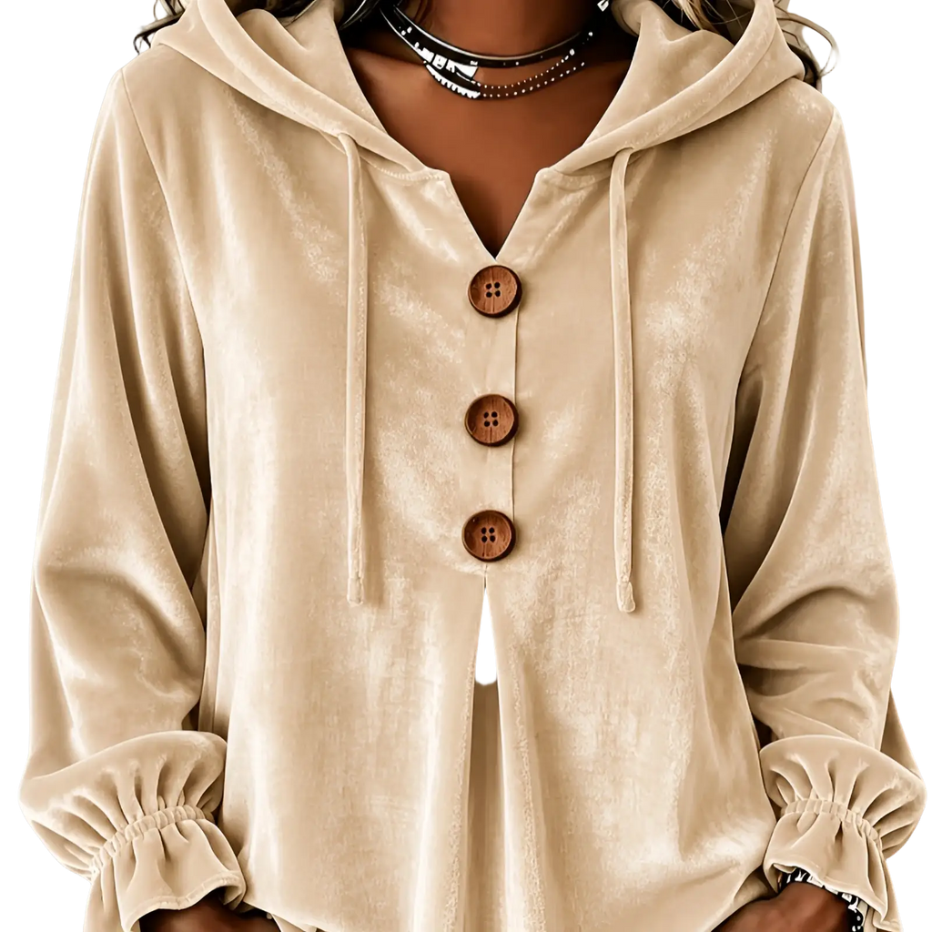 Beige velvet hoodie featuring wooden buttons and ruffled cuffs for a stylish and comfortable look