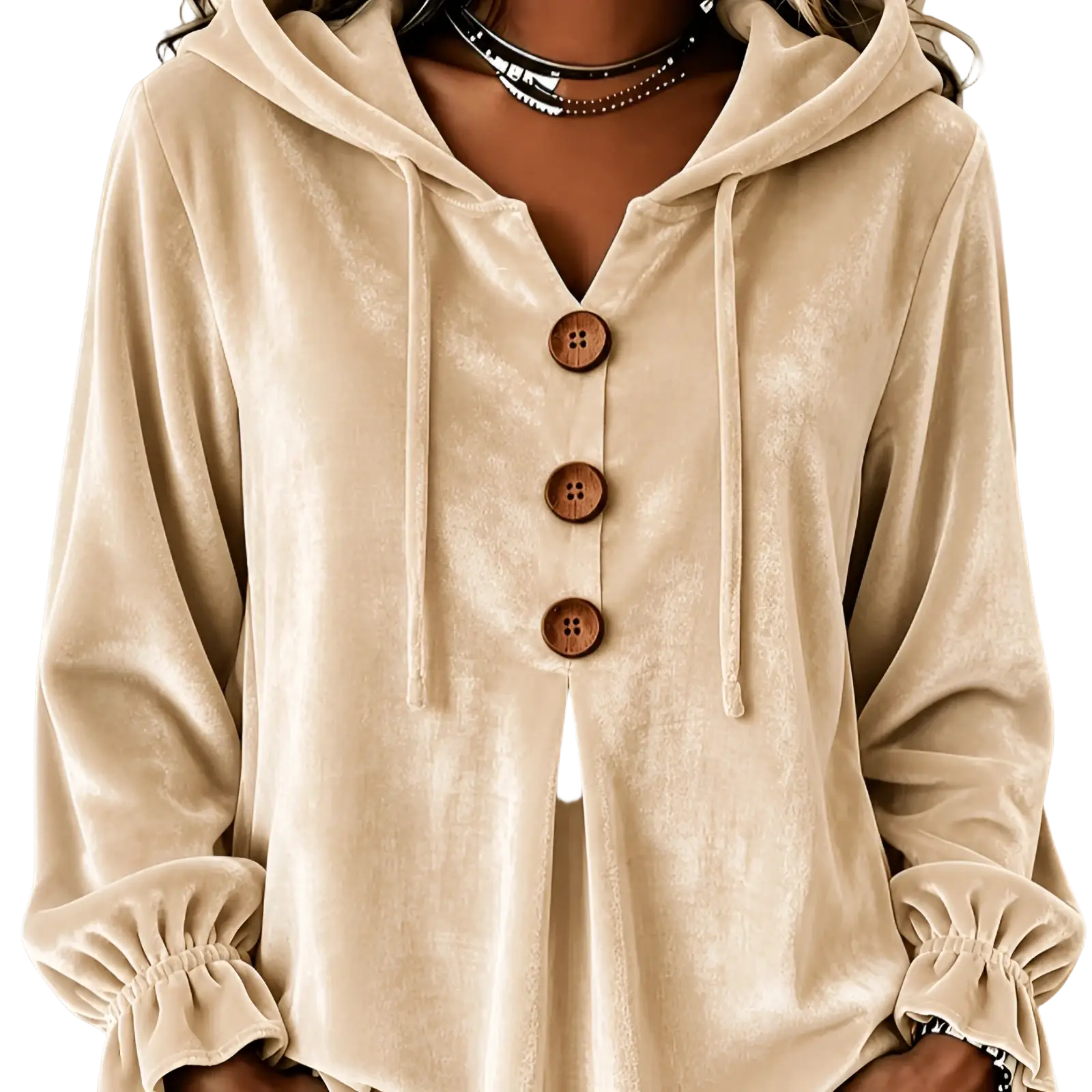 Beige velvet hoodie featuring wooden buttons and ruffled cuffs for a stylish and comfortable look