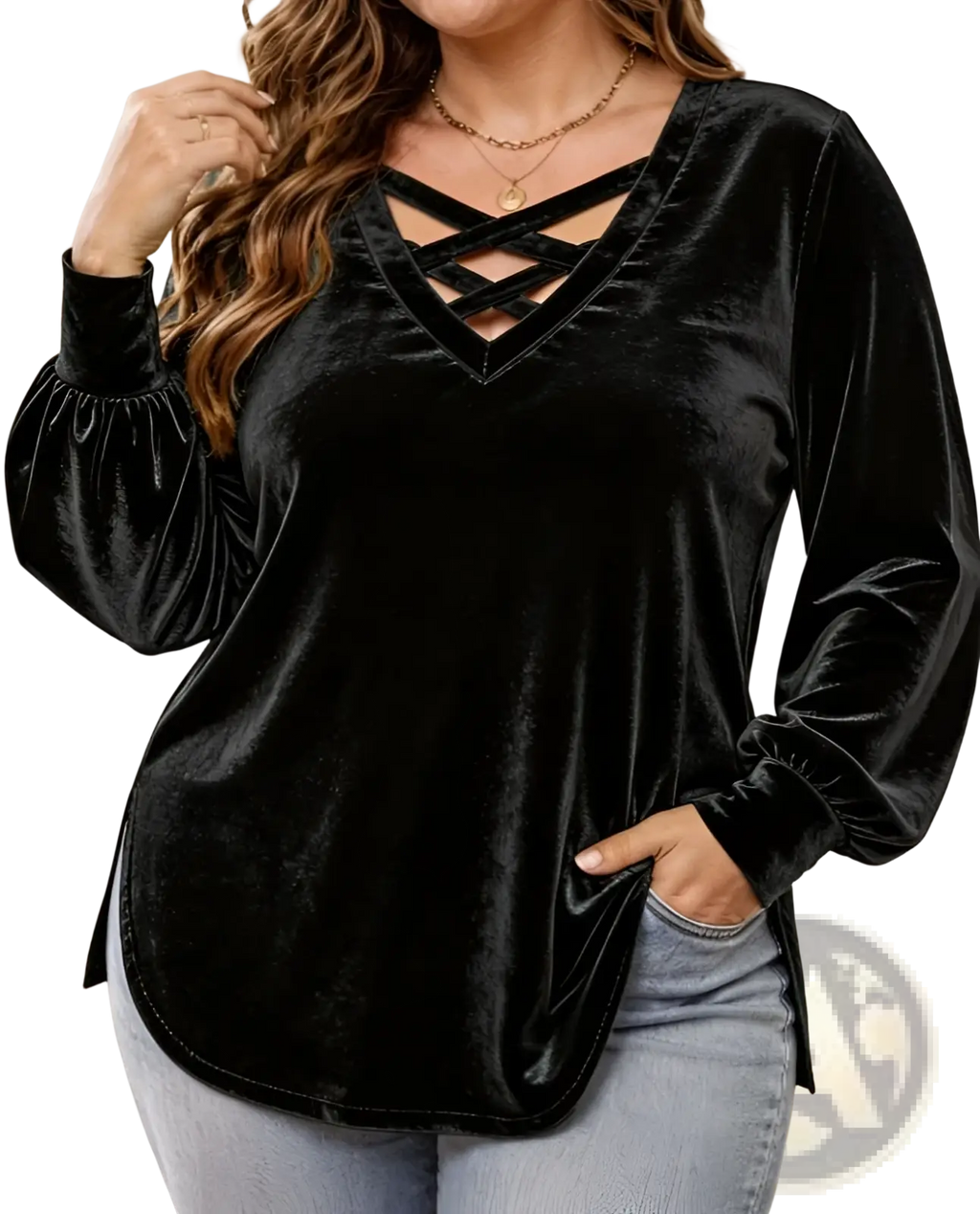 Black velvet long-sleeve top with a crisscross lace-up neckline for a stylish and elegant look