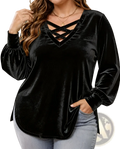Black velvet long-sleeve top with a crisscross lace-up neckline for a stylish and elegant look