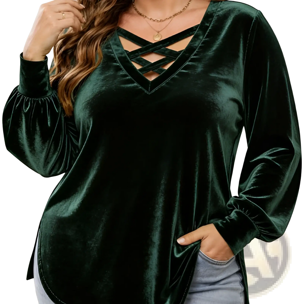 Emerald green velvet long-sleeve top with crisscross lace-up neckline and puffed sleeves for elegant wear
