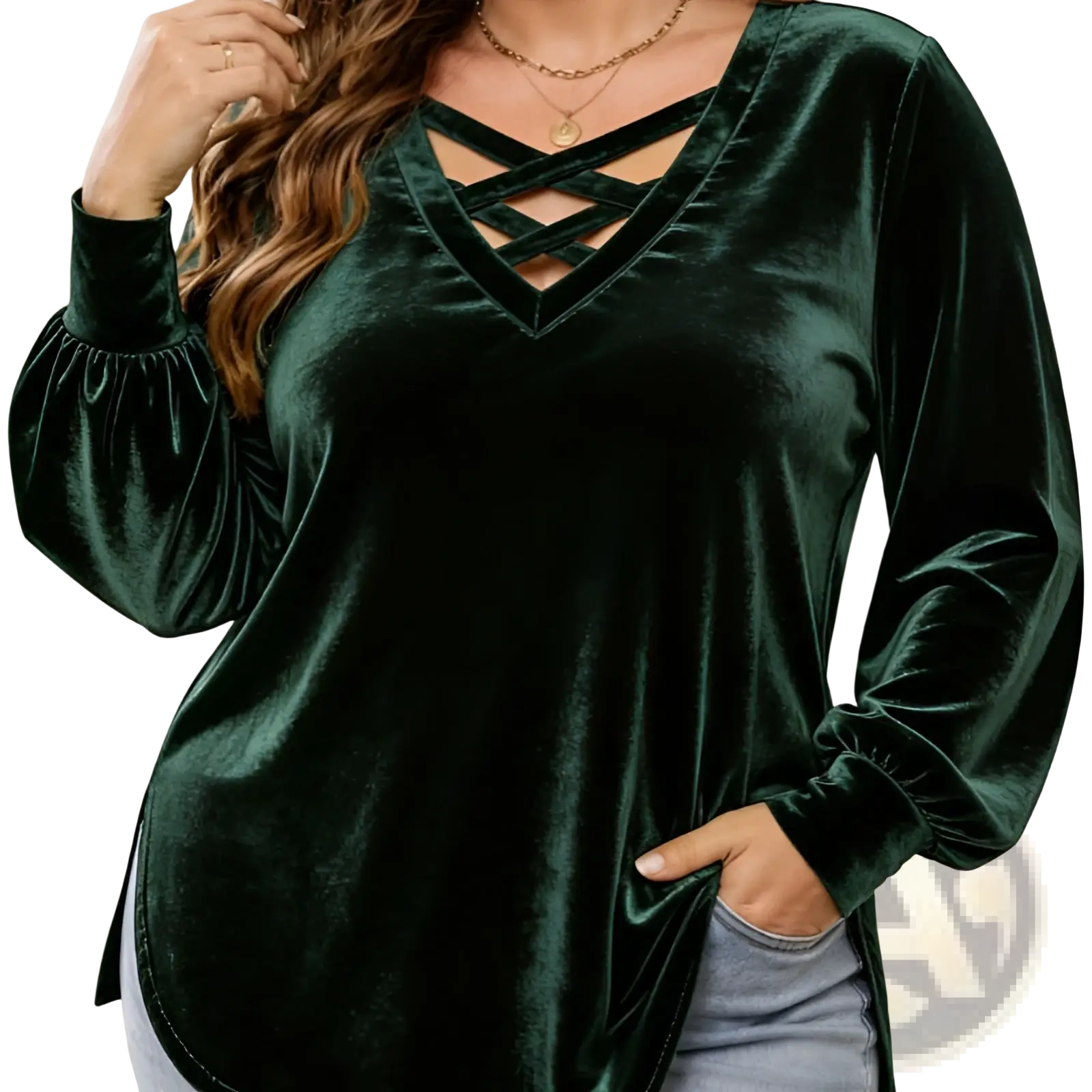 Emerald green velvet long-sleeve top with crisscross lace-up neckline and puffed sleeves for elegant wear