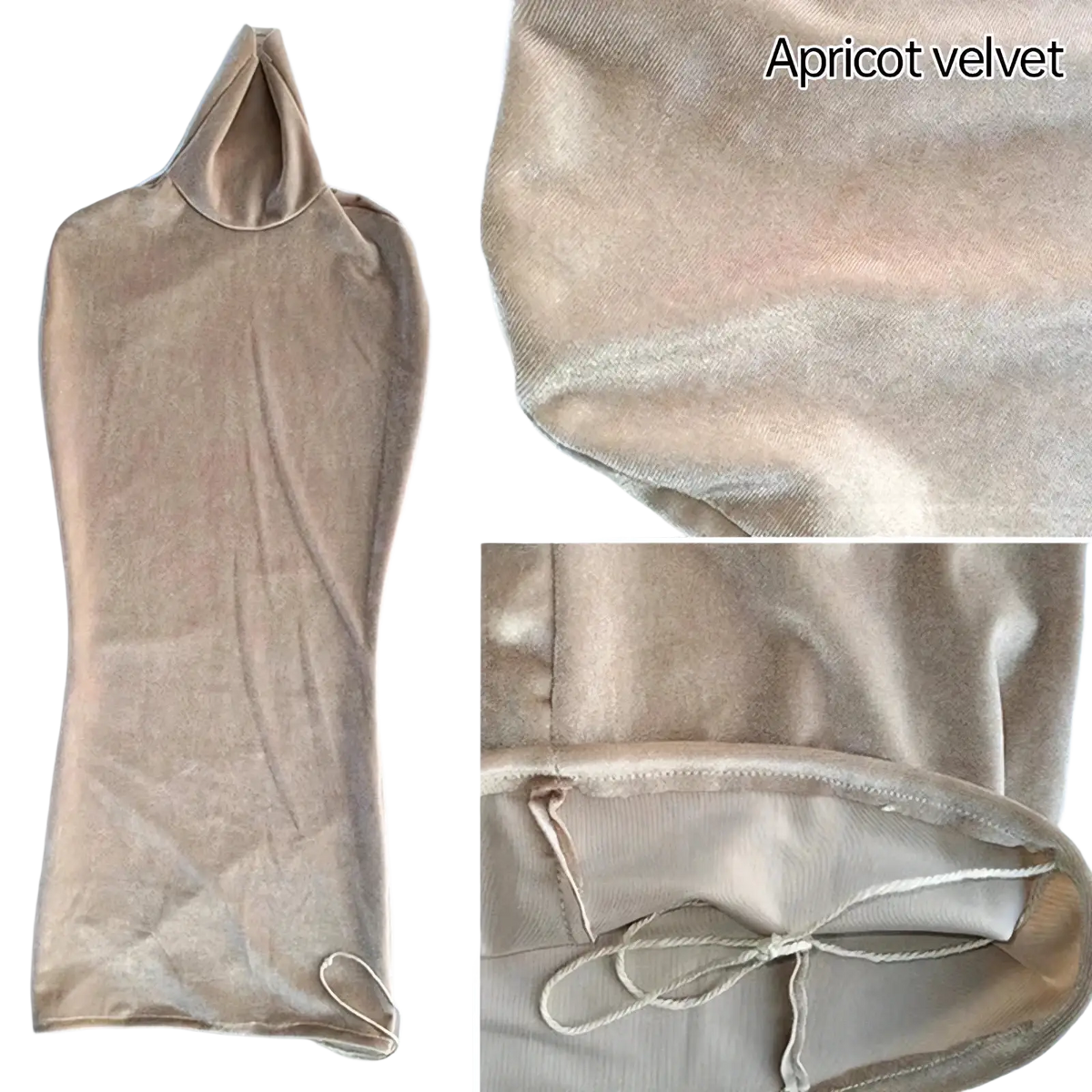 Apricot velvet high-necked bodycon dress with drawstring hem displayed on velvet mannequin body cover form